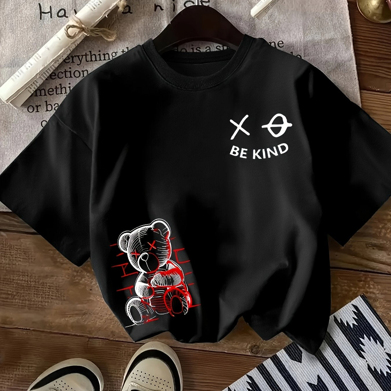 Kids' Summer Casual Crew Neck T-Shirt, Polyester 100% Knitted Fabric with Slight Stretch, Regular Fit with Alphabet Pattern, Boys' Short Sleeve Top for Outdoor Activities