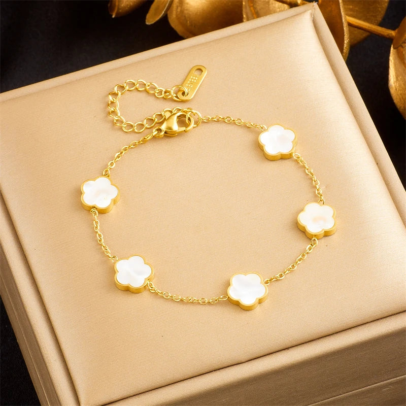 DIEYURO 316L Stainless Steel Five Leaf Flower Necklace Bracelet Earrings For Women New Trendy High-Quality Clover Jewelry Set