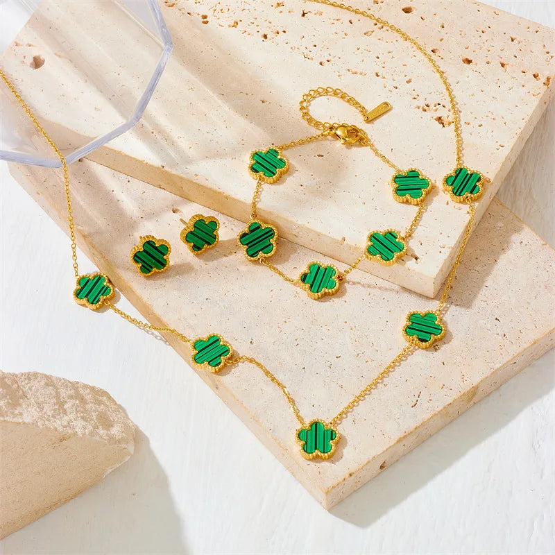 DIEYURO 316L Stainless Steel Five Leaf Flower Necklace Bracelet Earrings For Women New Trendy High-Quality Clover Jewelry Set