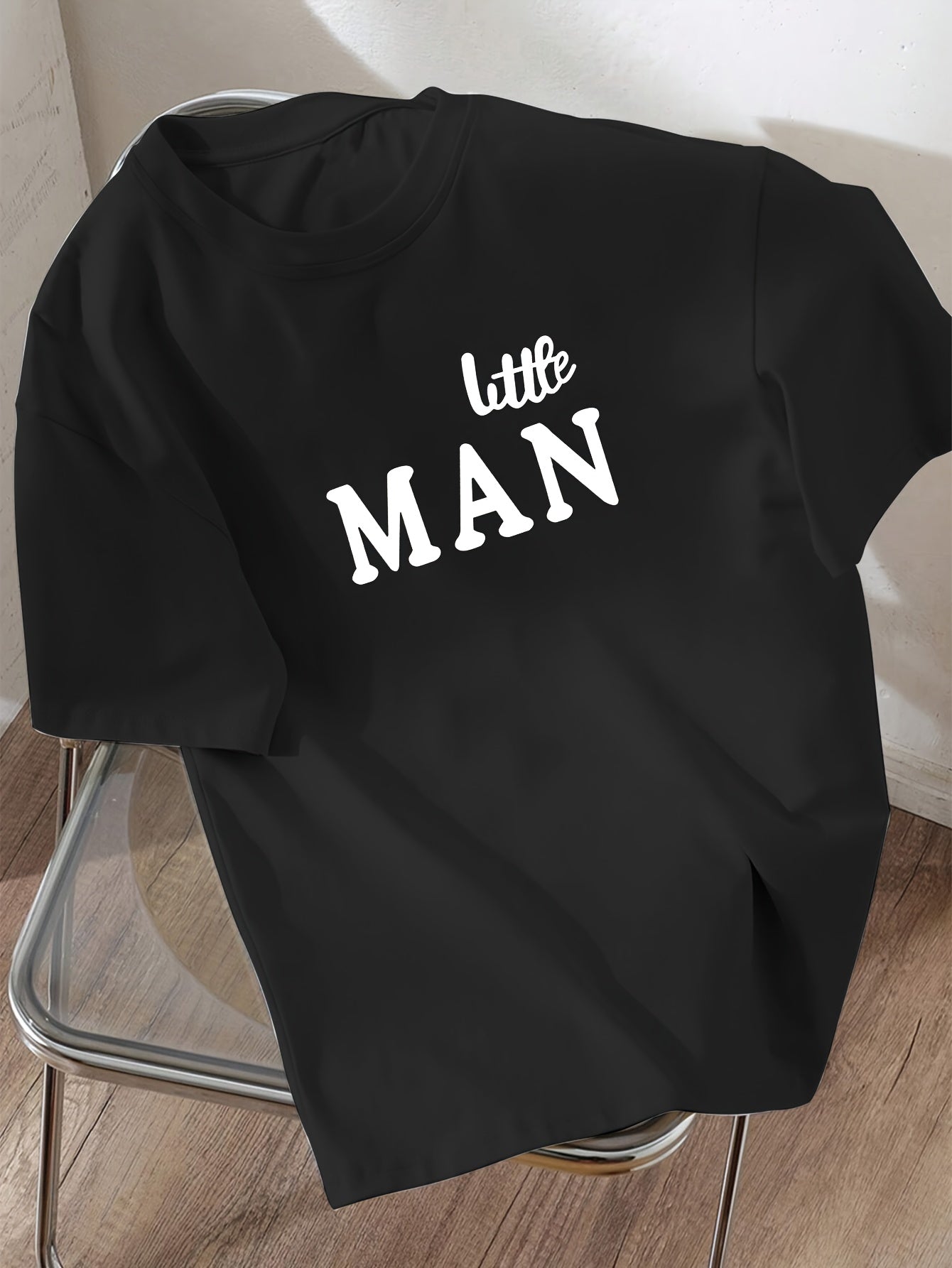 Boys' Casual Summer T-Shirt - "LITTLE for Man" Bold Letter Print, Loose Fit, Short Sleeve, Polyester Blend, Machine Washable, Tween Boy Clothes