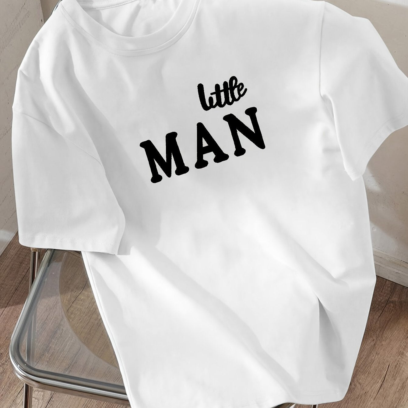 Boys' Casual Summer T-Shirt - "LITTLE for Man" Bold Letter Print, Loose Fit, Short Sleeve, Polyester Blend, Machine Washable, Tween Boy Clothes