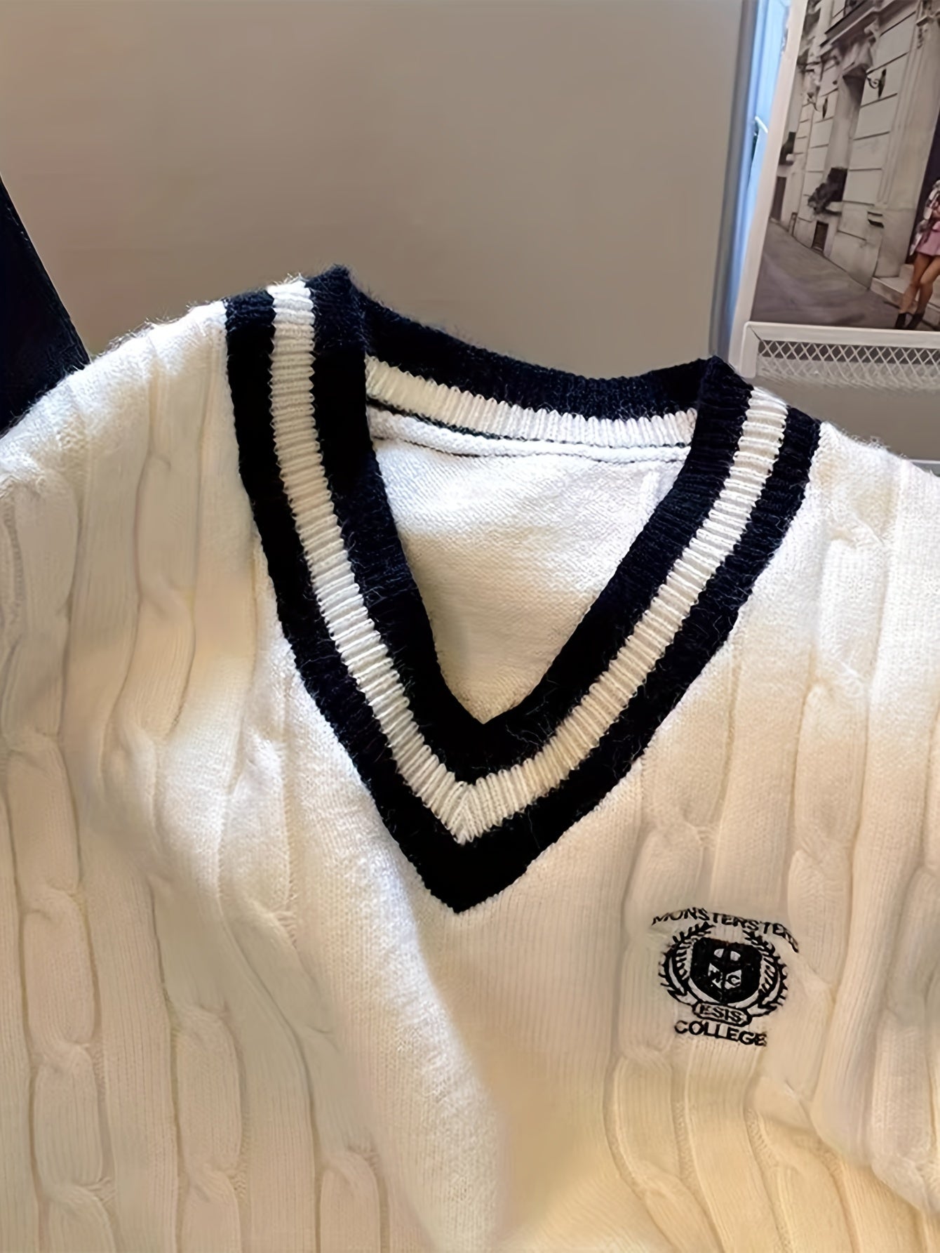 Elegant V-Neck Cable Knit Sweater Vest with Badge Detail - Polyester/Acrylic Blend, Non-Transparent, Contrast Pattern, All Seasons