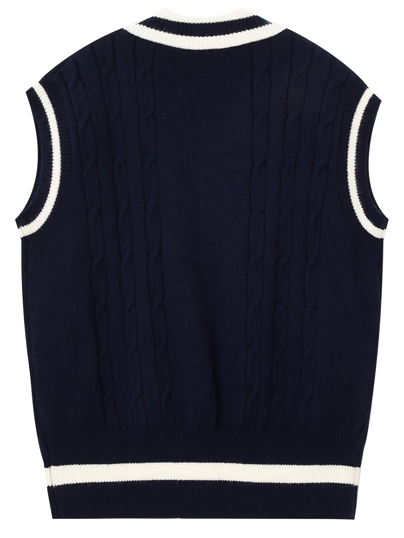 Elegant V-Neck Cable Knit Sweater Vest with Badge Detail - Polyester/Acrylic Blend, Non-Transparent, Contrast Pattern, All Seasons