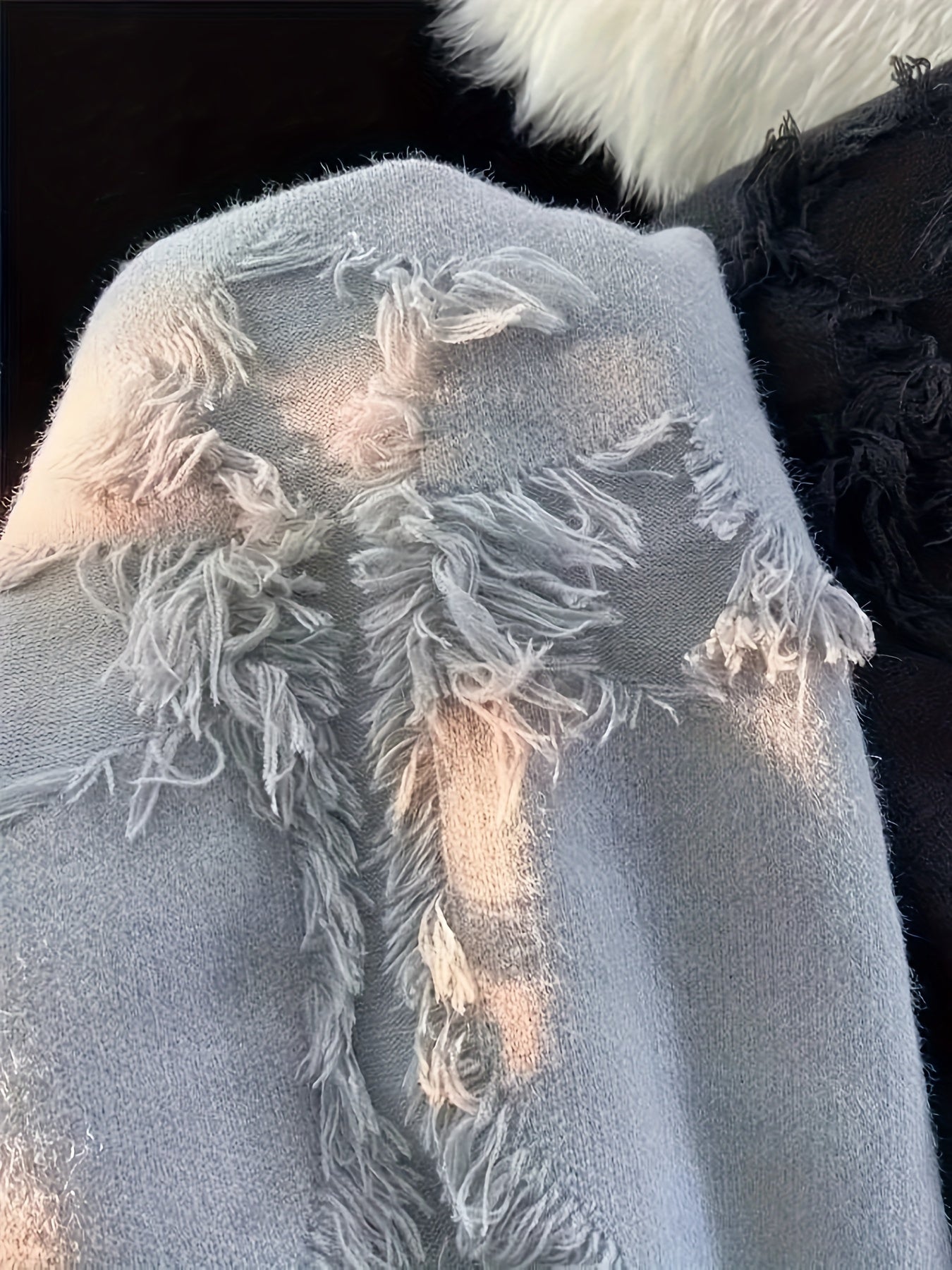 Women's Casual Light Gray Pullover Sweater - Soft 100% Polyester, Round Neck, Loose Fit with Distressed Detailing - Perfect for Fall/Winter