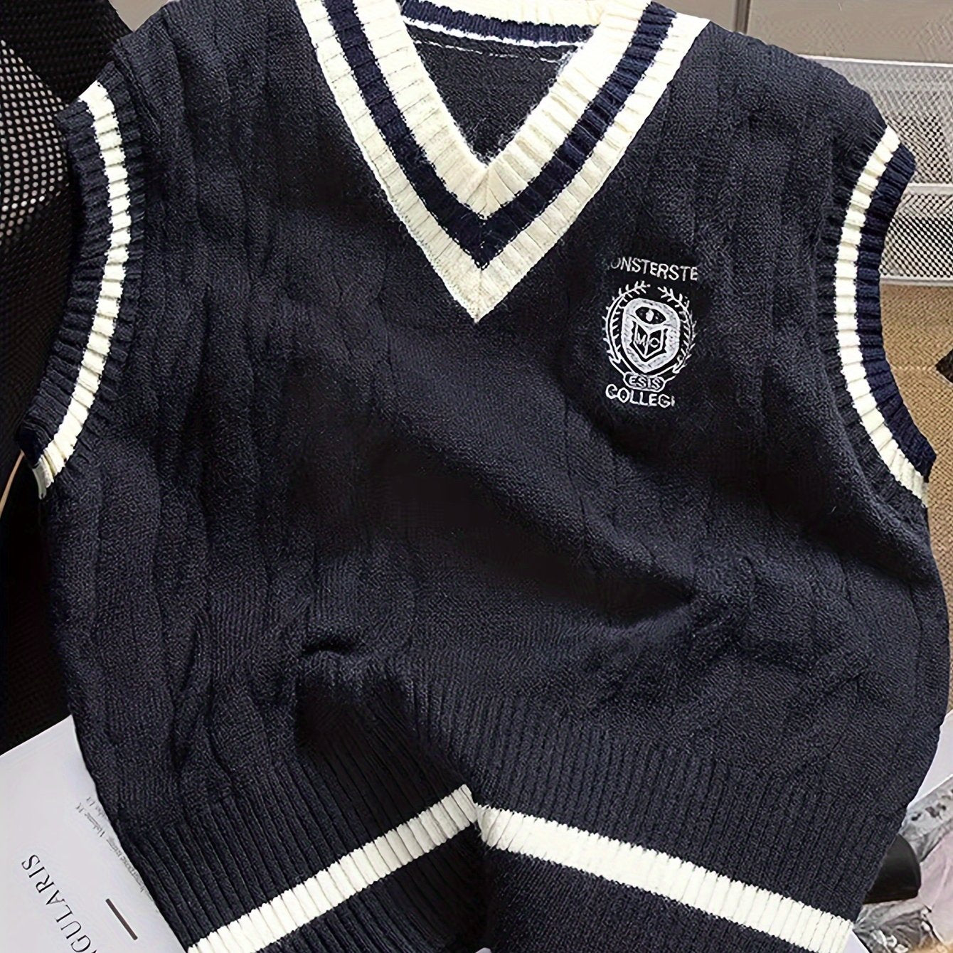 Elegant V-Neck Cable Knit Sweater Vest with Badge Detail - Polyester/Acrylic Blend, Non-Transparent, Contrast Pattern, All Seasons